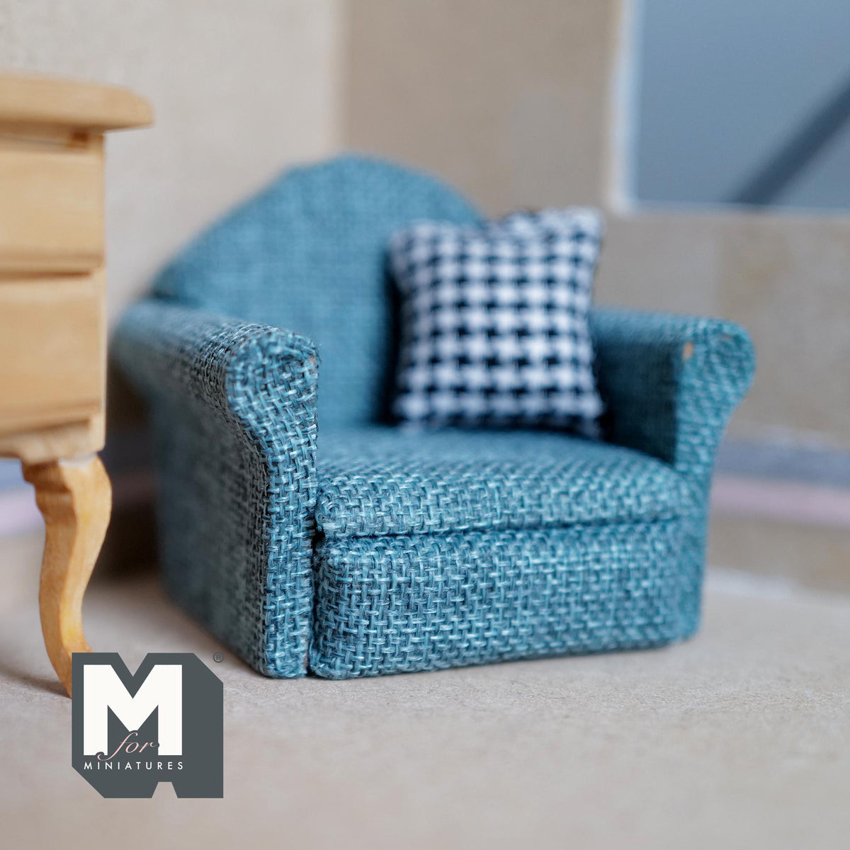 Miniature Armchair with Houndstooth Cushion 1:12 Scale Dollhouse Furniture Sofa 2-3/4 inch tall (blue) - K016