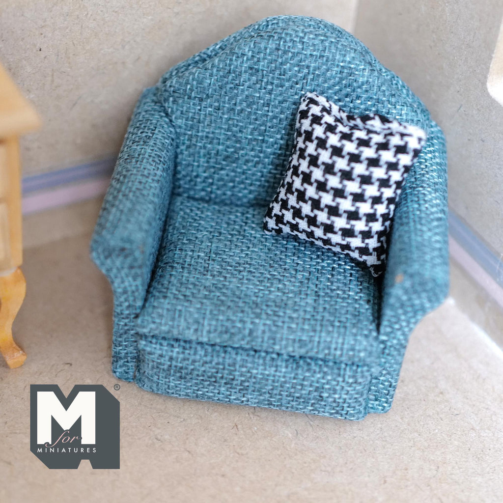Miniature Armchair with Houndstooth Cushion 1:12 Scale Dollhouse Furniture Sofa 2-3/4 inch tall (blue) - K016