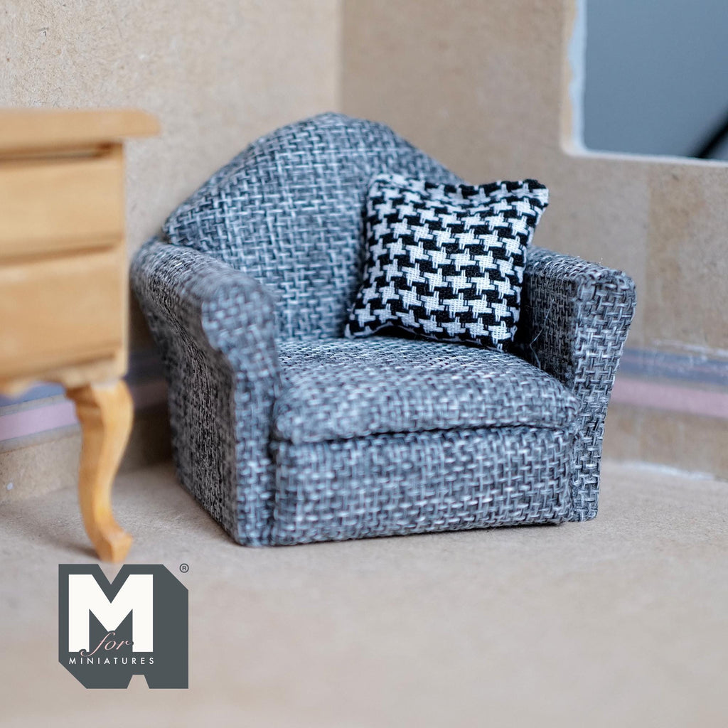 Miniature Armchair with Houndstooth Cushion 1:12 Scale Dollhouse Furniture Sofa 2-3/4 inch tall (gray) - K016