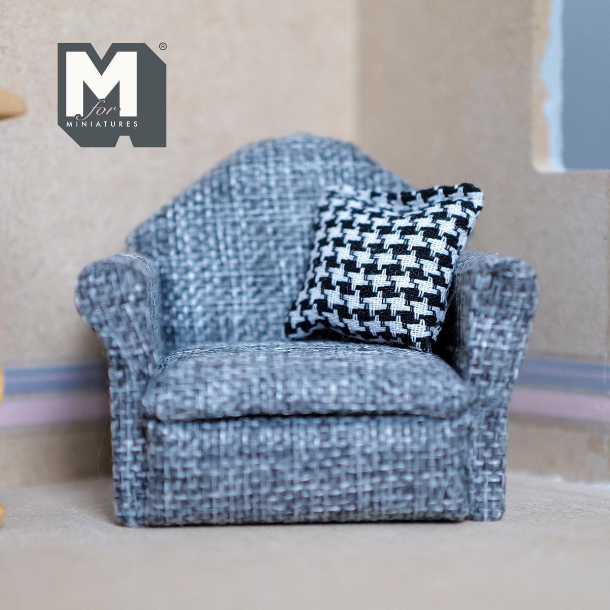 Miniature Armchair with Houndstooth Cushion 1:12 Scale Dollhouse Furniture Sofa 2-3/4 inch tall (gray) - K016