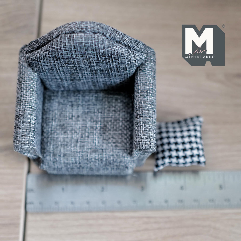 Miniature Armchair with Houndstooth Cushion 1:12 Scale Dollhouse Furniture Sofa 2-3/4 inch tall (gray) - K016
