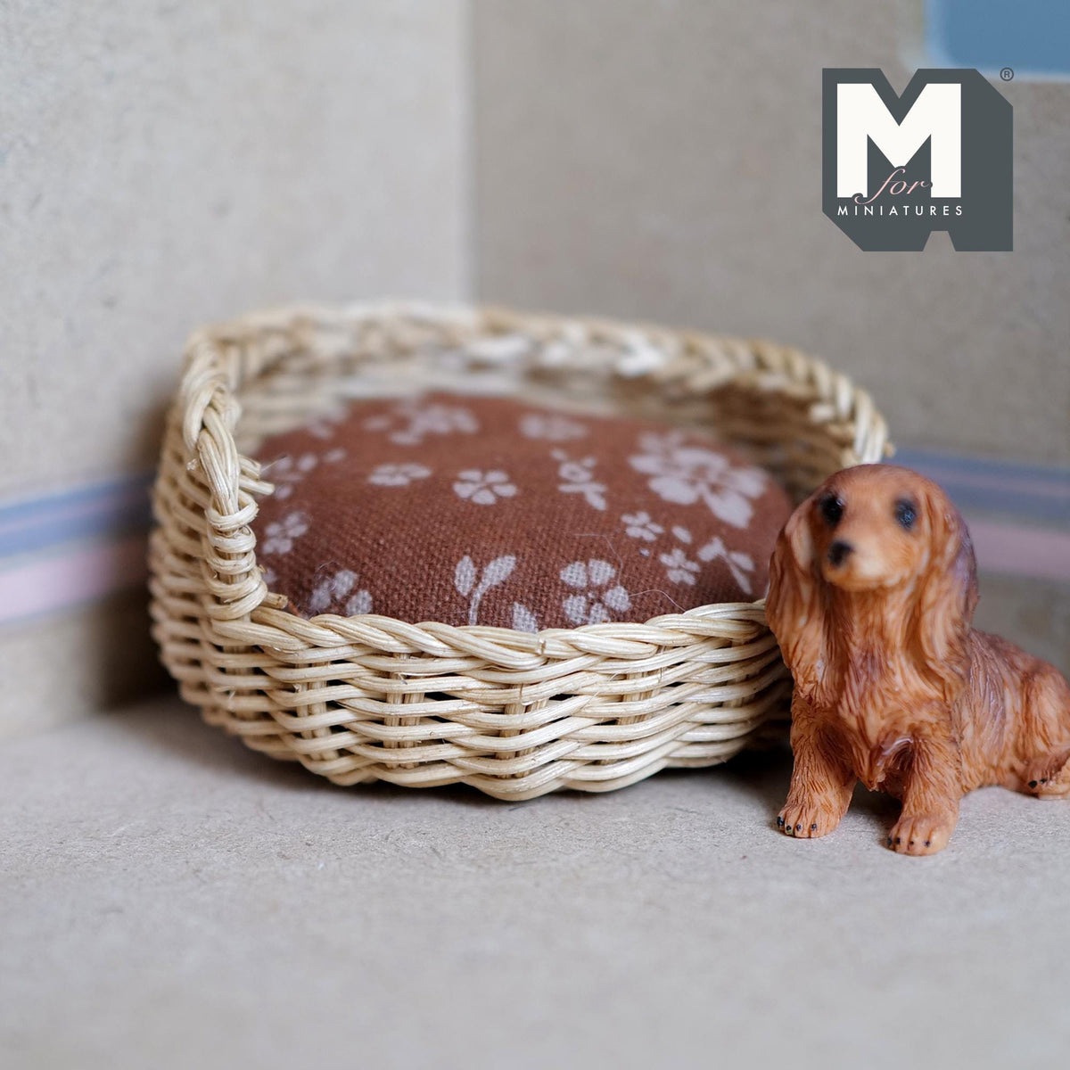 Miniature Wicker Pet Bed 1:12 Scale Dollhouse Basket Dog Bed Cat Bed 1-5/8 inch tall (beige) - B026