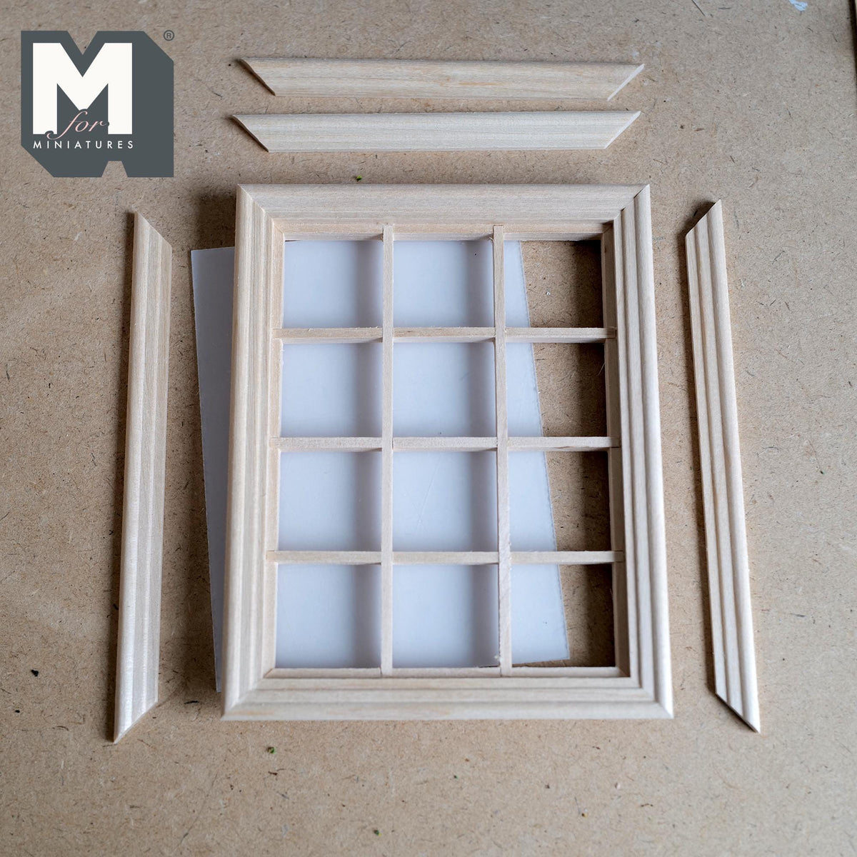 1:12 Scale Miniature Window with Acrylic Pane and Back Trim, Unfinished, Requires Installation, 5-5/16 inch tall