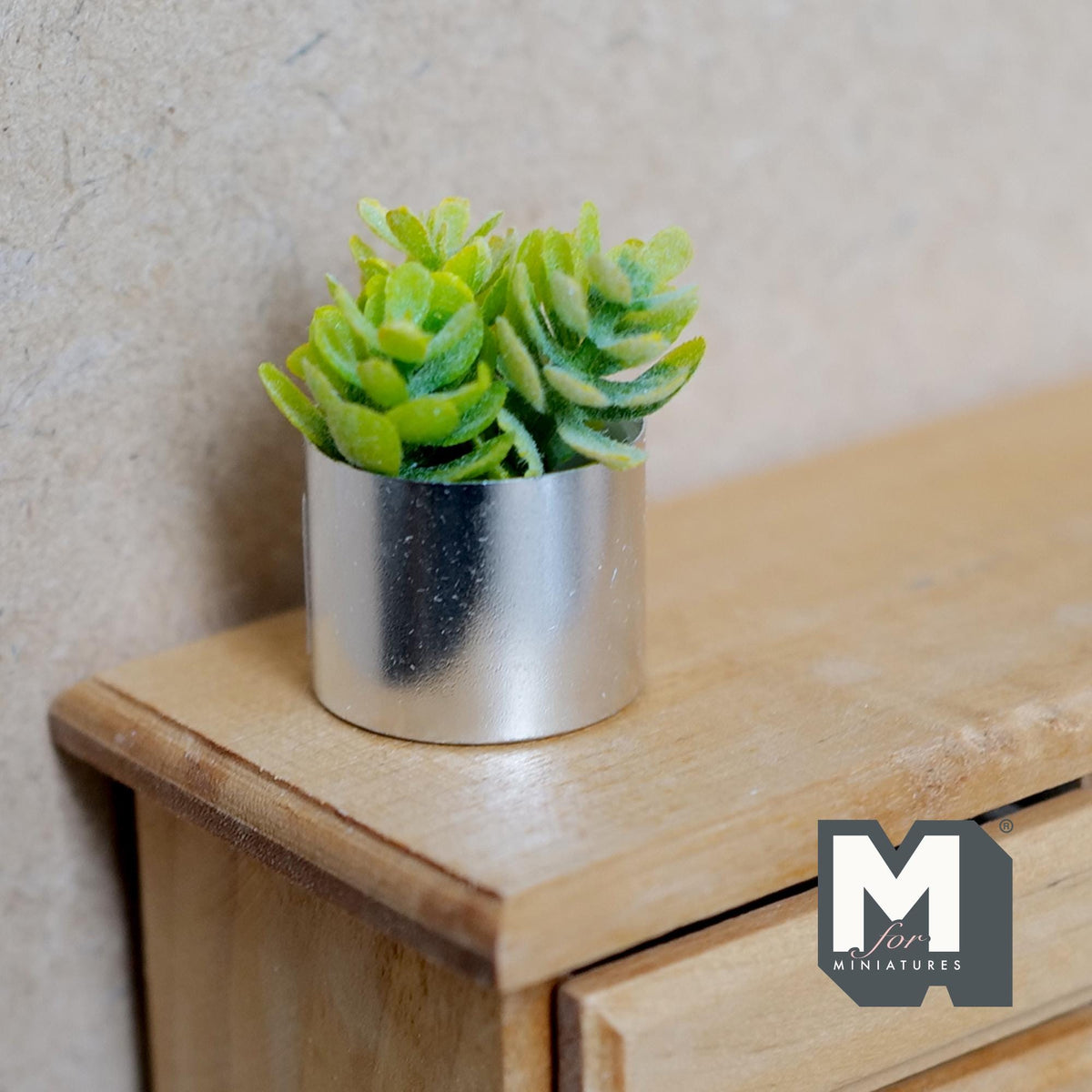 Miniature Potted Succulent 1:12 Scale Dollhouse Greenery Garden Chrome Planter 1-3/8 inch tall - B067