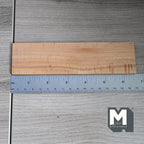 1:12 scale miniature stained wood strip for flooring and shelving in beige with warm grain, shown with a ruler