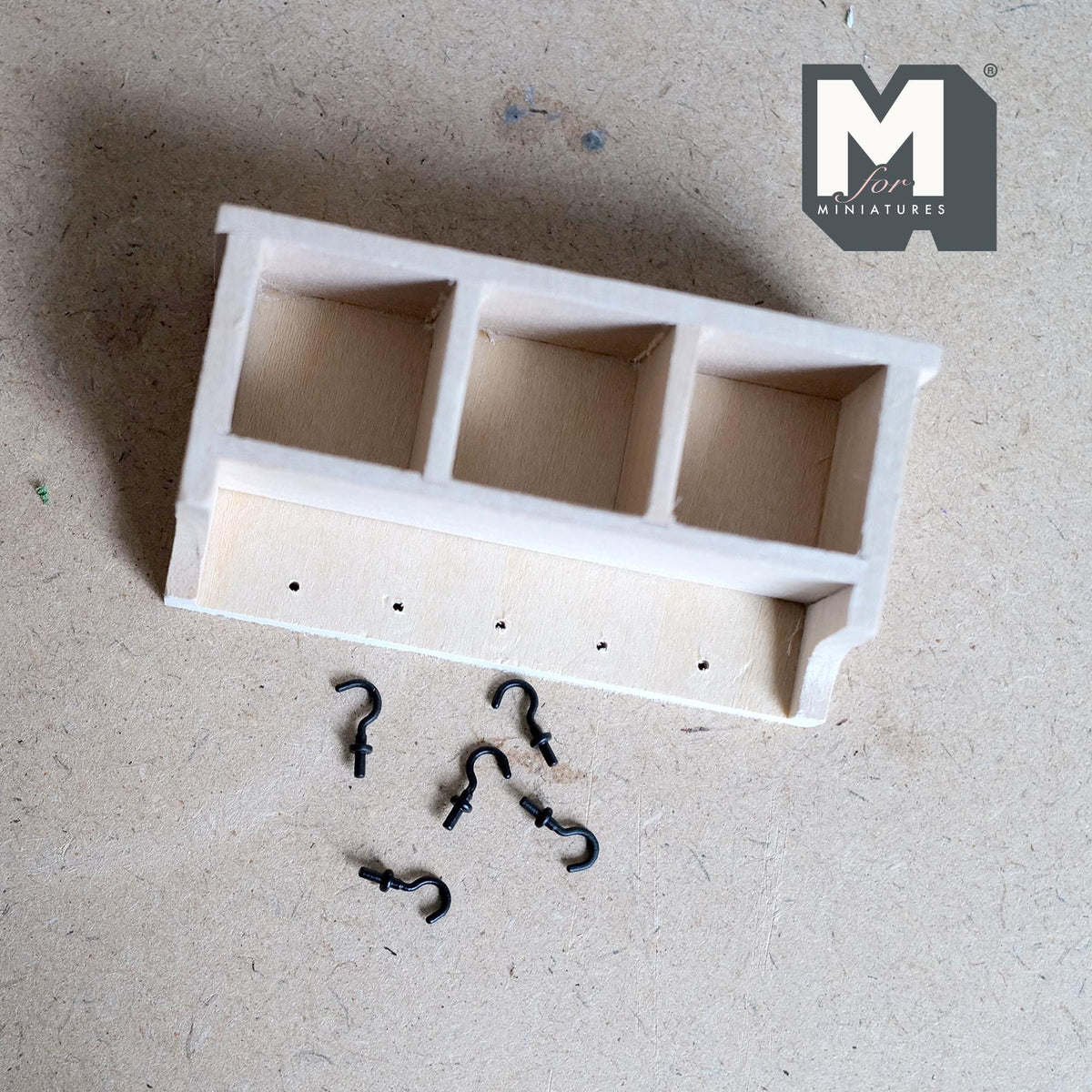 Dollhouse Entryway Wall Shelf with Cubbies and Hooks Unpainted 1:12 Scale Miniature Wood Shelf 3-1/8 inch wide - I033