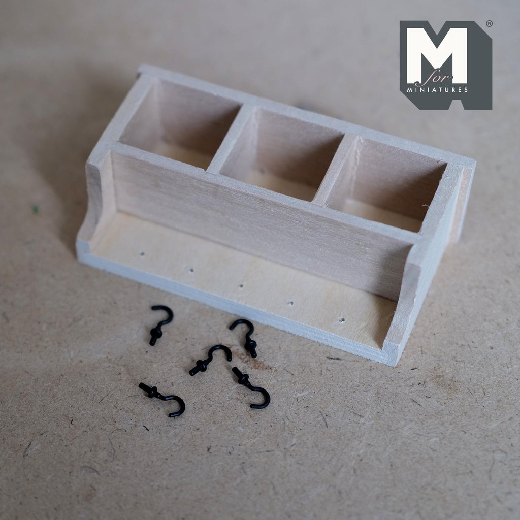 Dollhouse Entryway Wall Shelf with Cubbies and Hooks Unpainted 1:12 Scale Miniature Wood Shelf 3-1/8 inch wide - I033
