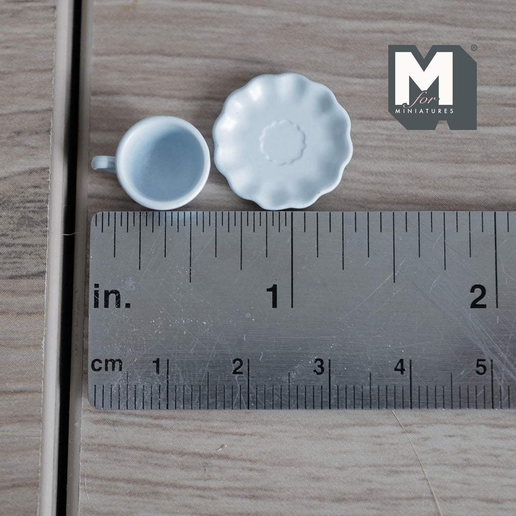 Miniature Coffee Cup and Saucer Set 1:12 Scale Dollhouse Tea Cup Drinkware Set of 2 (light blue)  - F074