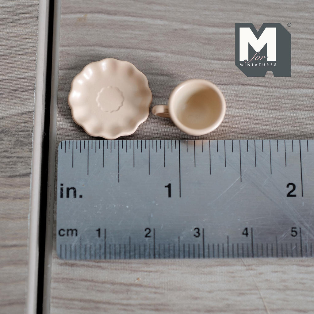 Miniature Coffee Cup and Saucer Set 1:12 Scale Dollhouse Tea Cup Drinkware Set of 2 (light orange) (metal)  - F074