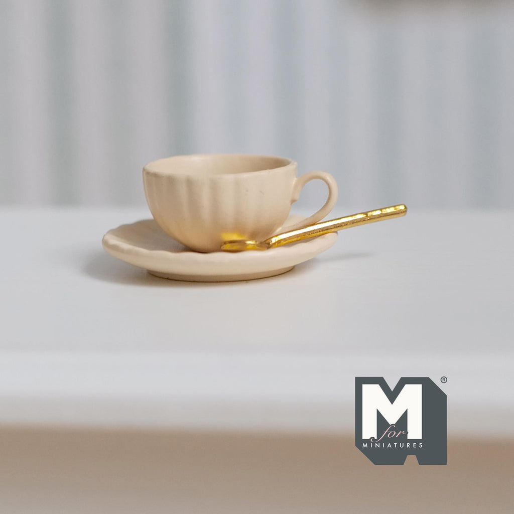 Miniature Cup Saucer and Spoon Set 1:12 Scale Dollhouse Drinkware Set of 3 (beige) (large) (metal) - F077