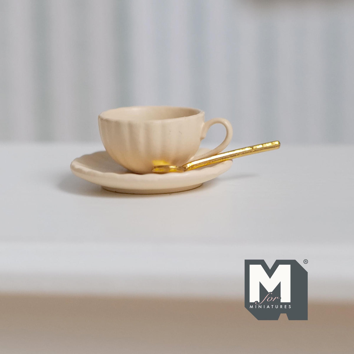 Miniature Cup Saucer and Spoon Set 1:12 Scale Dollhouse Drinkware Set of 3 (beige) (large) (metal) - F077