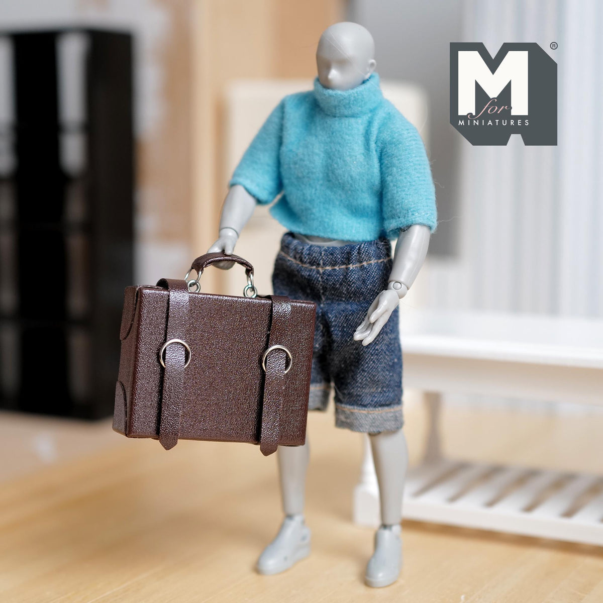 Miniature Briefcase 1:12 Scale Dollhouse Decor Suitcase Wrapped in Faux Leather 1-7/8 inch wide (brown) (non opening) - C043