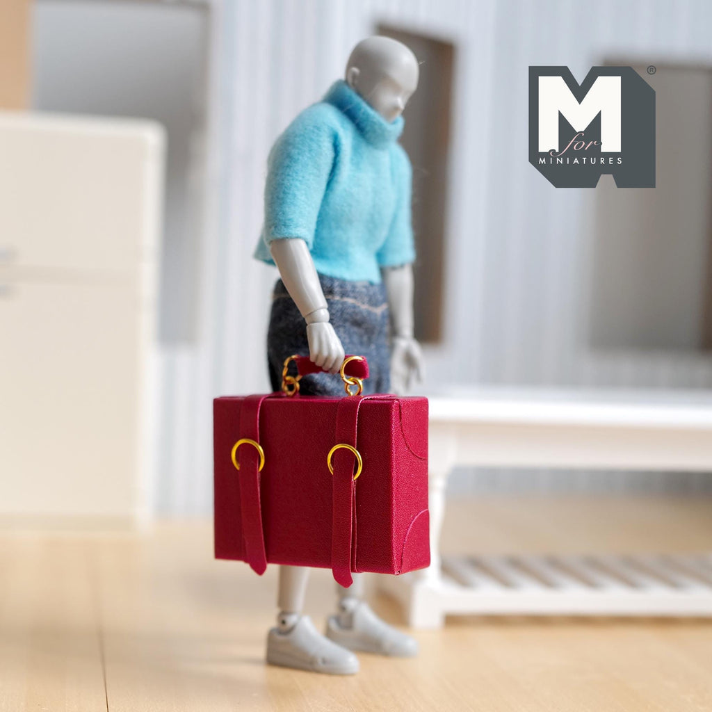 Miniature Briefcase 1:12 Scale Dollhouse Decor Suitcase Wrapped in Faux Leather 1-7/8 inch wide (red) (non opening) - C043