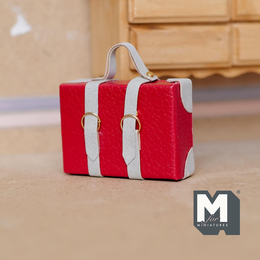 Miniature Briefcase 1:12 Scale Dollhouse Decor Suitcase Wrapped in Faux Leather 1-7/8 inch wide (red/gray) (non opening) - C043
