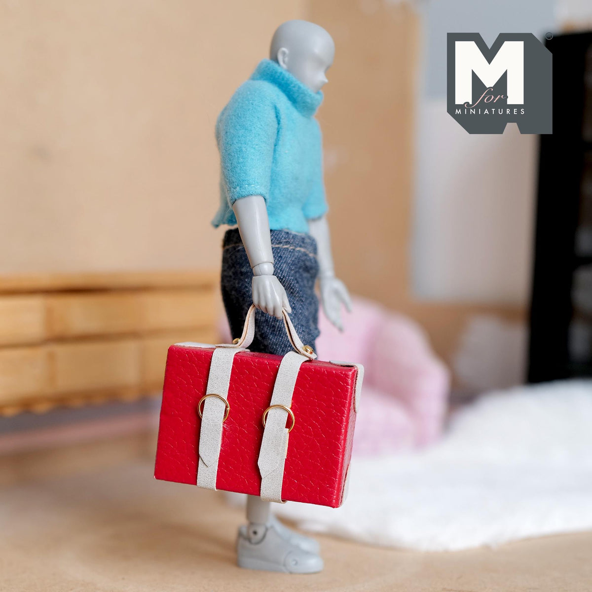 Miniature Briefcase 1:12 Scale Dollhouse Decor Suitcase Wrapped in Faux Leather 1-7/8 inch wide (red/gray) (non opening) - C043