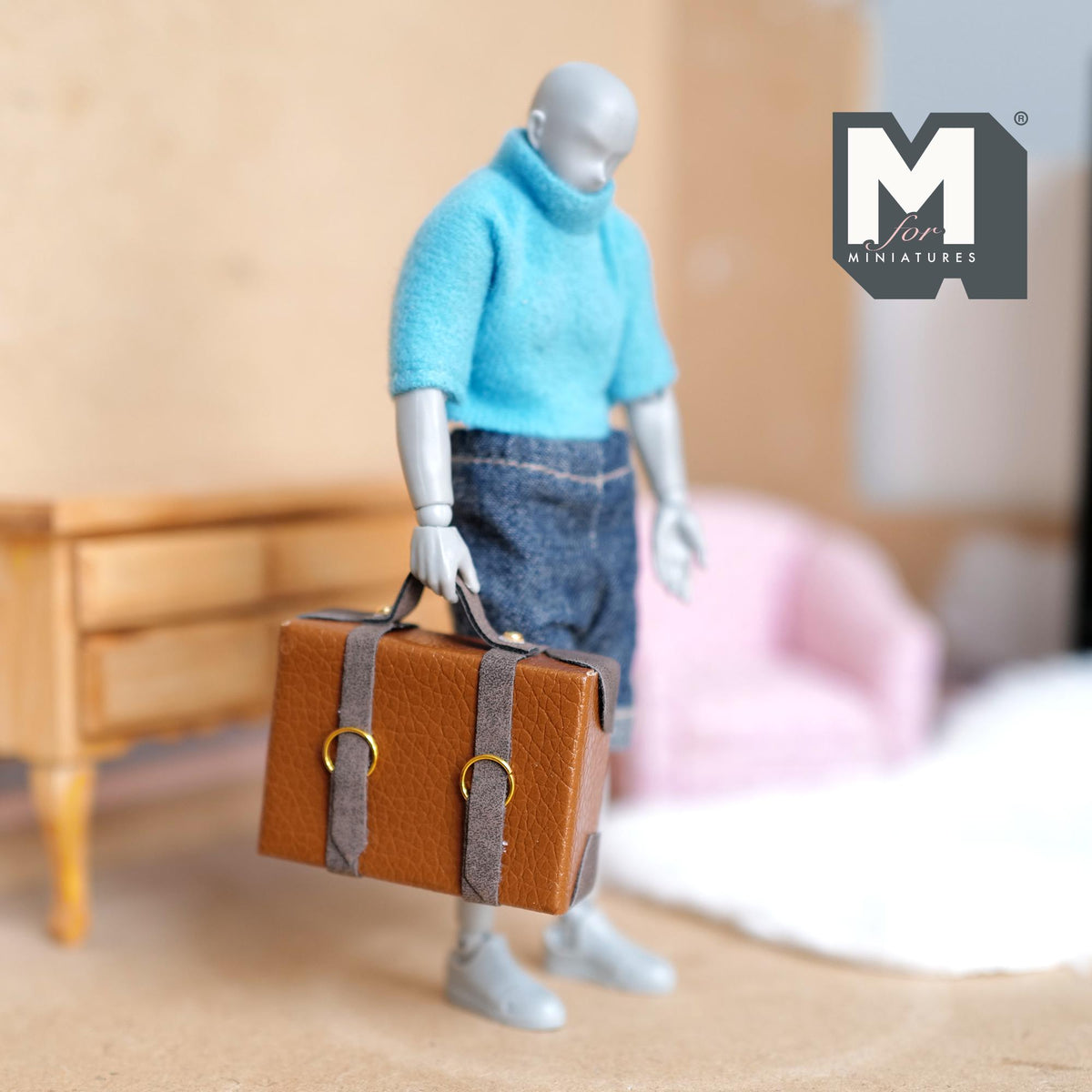 Miniature Briefcase 1:12 Scale Dollhouse Decor Suitcase Wrapped in Faux Leather 1-7/8 inch wide (light brown) (non opening) - C043