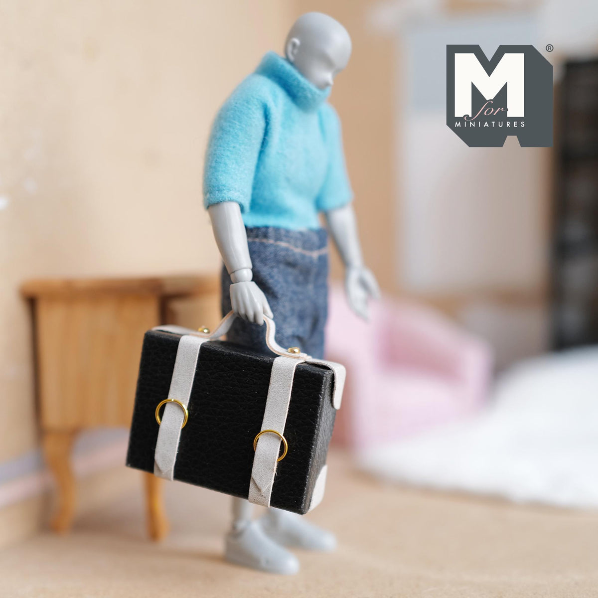 Miniature Briefcase 1:12 Scale Dollhouse Decor Suitcase Wrapped in Faux Leather 1-7/8 inch wide (black/gray) (non opening) - C043