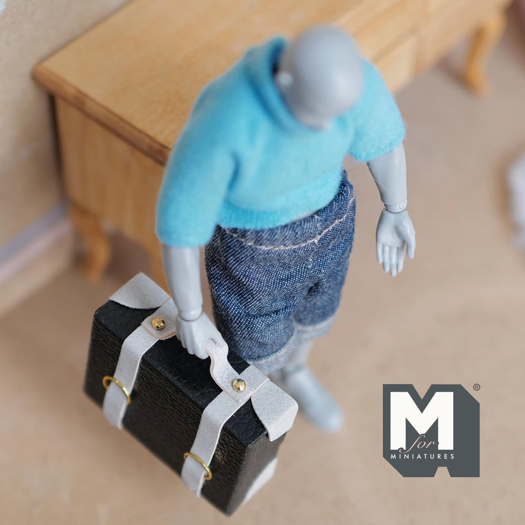 Miniature Briefcase 1:12 Scale Dollhouse Decor Suitcase Wrapped in Faux Leather 1-7/8 inch wide (black/gray) (non opening) - C043