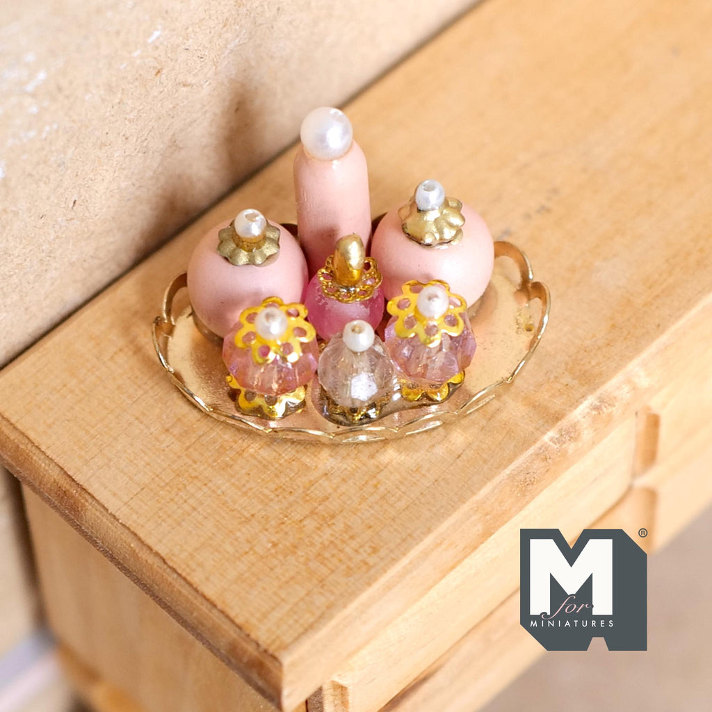 Dollhouse miniature fragrant set 1:12 scale vanity set 7 bottles on metal tray 15/16 inch tall - F036
