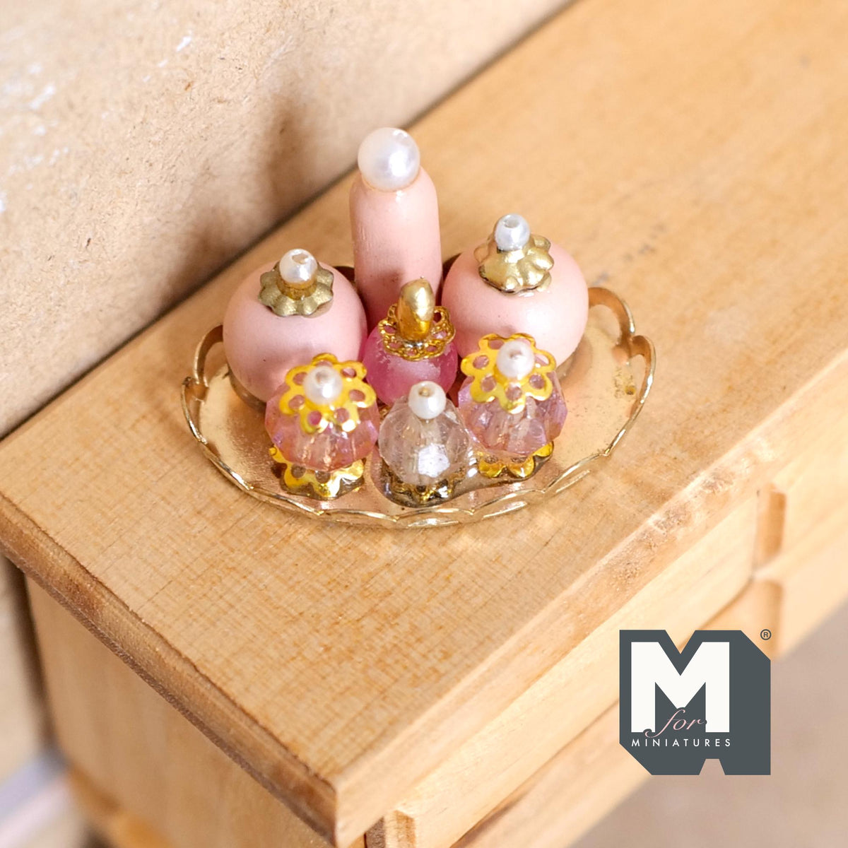 Dollhouse miniature fragrant set 1:12 scale vanity set 7 bottles on metal tray 15/16 inch tall - F036