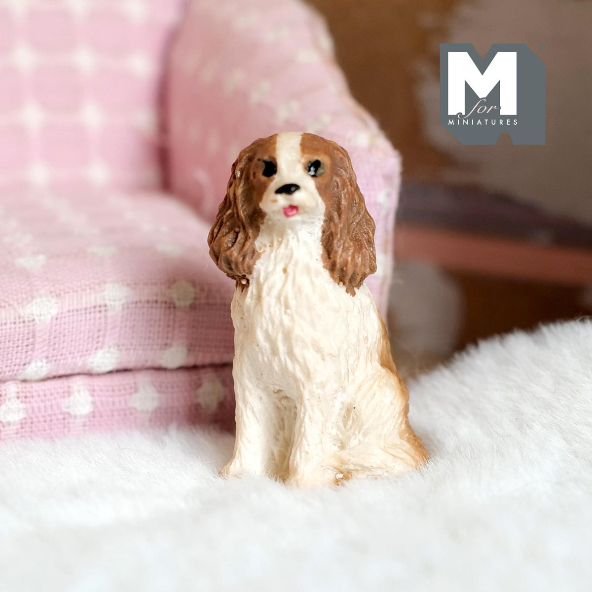 Miniature Sitting Cavalier King Charles Spaniel 1:12 Scale Cavy Dog 1-9/16 inch tall (cast resin) - C062