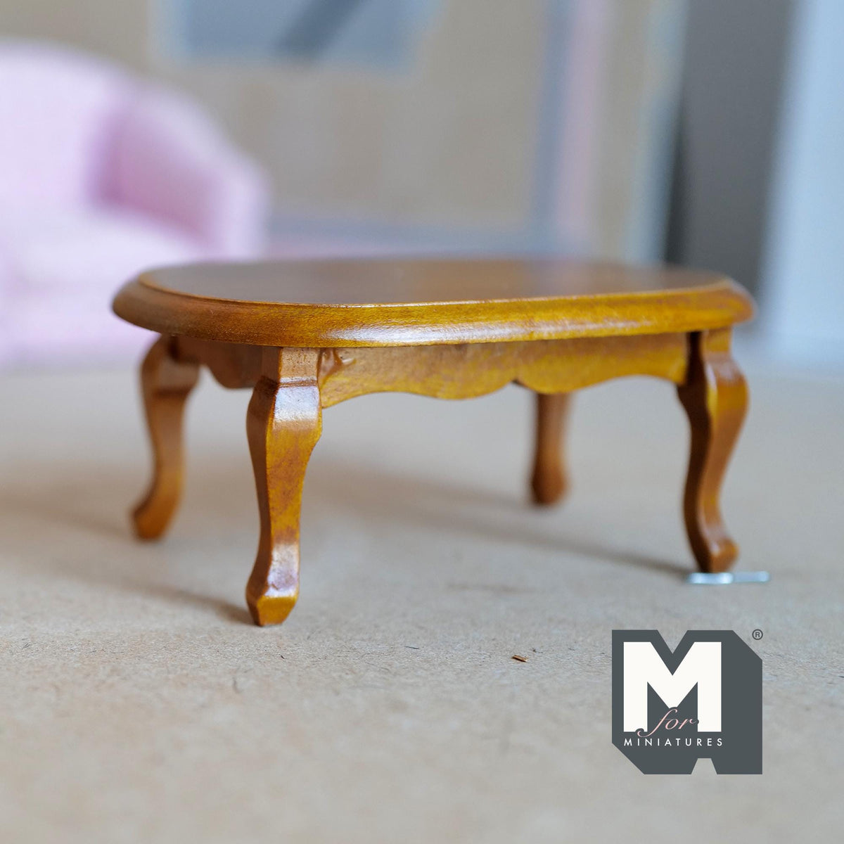 Miniature Oval Coffee Table Stained 1:12 Scale Dollhouse Furniture 1-9/16 inch tall - K019