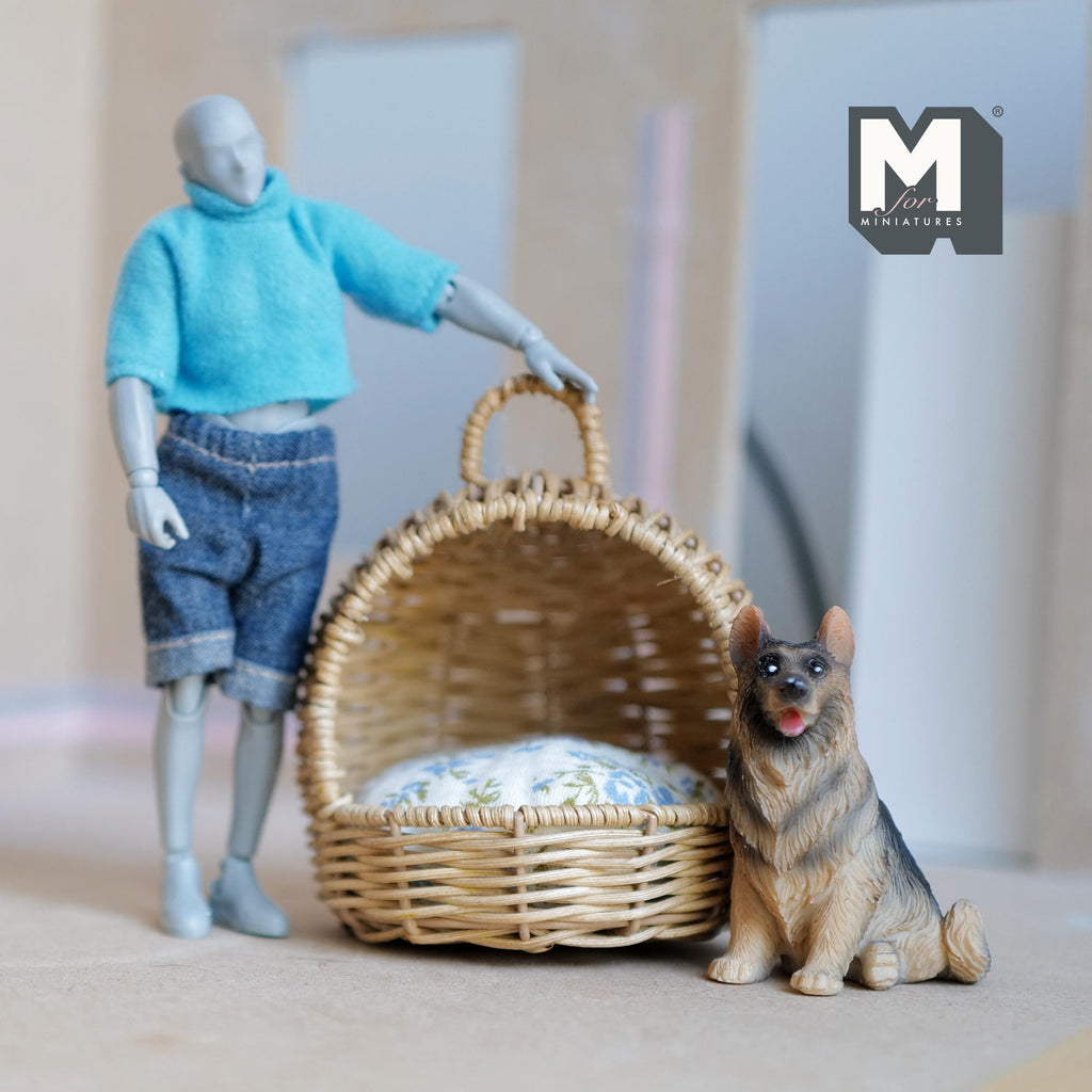 Miniature Hooded Wicker Pet Bed with Cushion and Lifting Handle 1:12 Scale Dog Bed Cat Bed 3-7/8 inch tall (beige) - B026