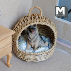 Miniature Hooded Wicker Pet Bed with Cushion and Lifting Handle 1:12 Scale Dog Bed Cat Bed 3-7/8 inch tall (beige) - B026