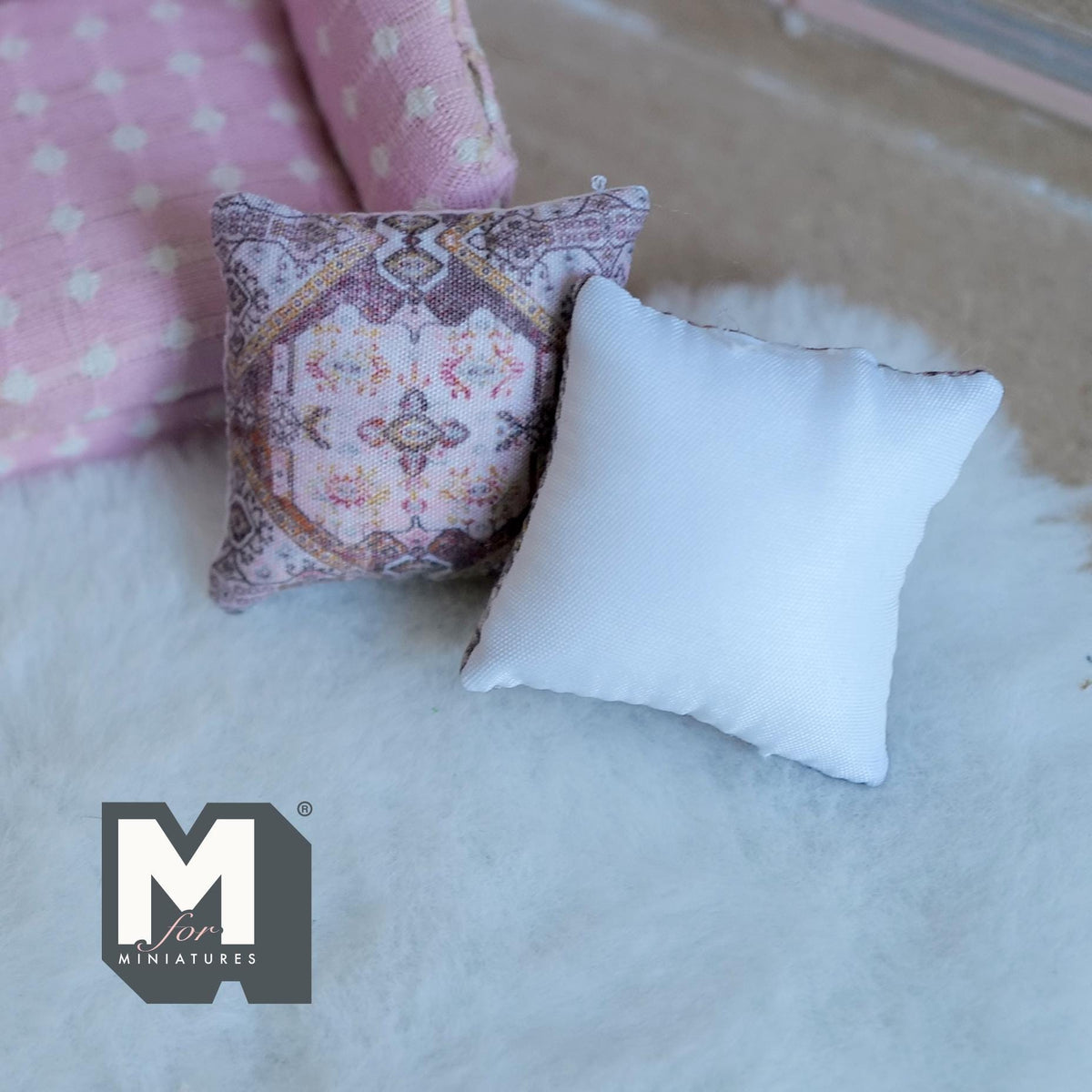 Miniature Cushion Set of 2 , 1:12 Scale Dollhouse Decor 1-9/6 inch wide (style c) - K030