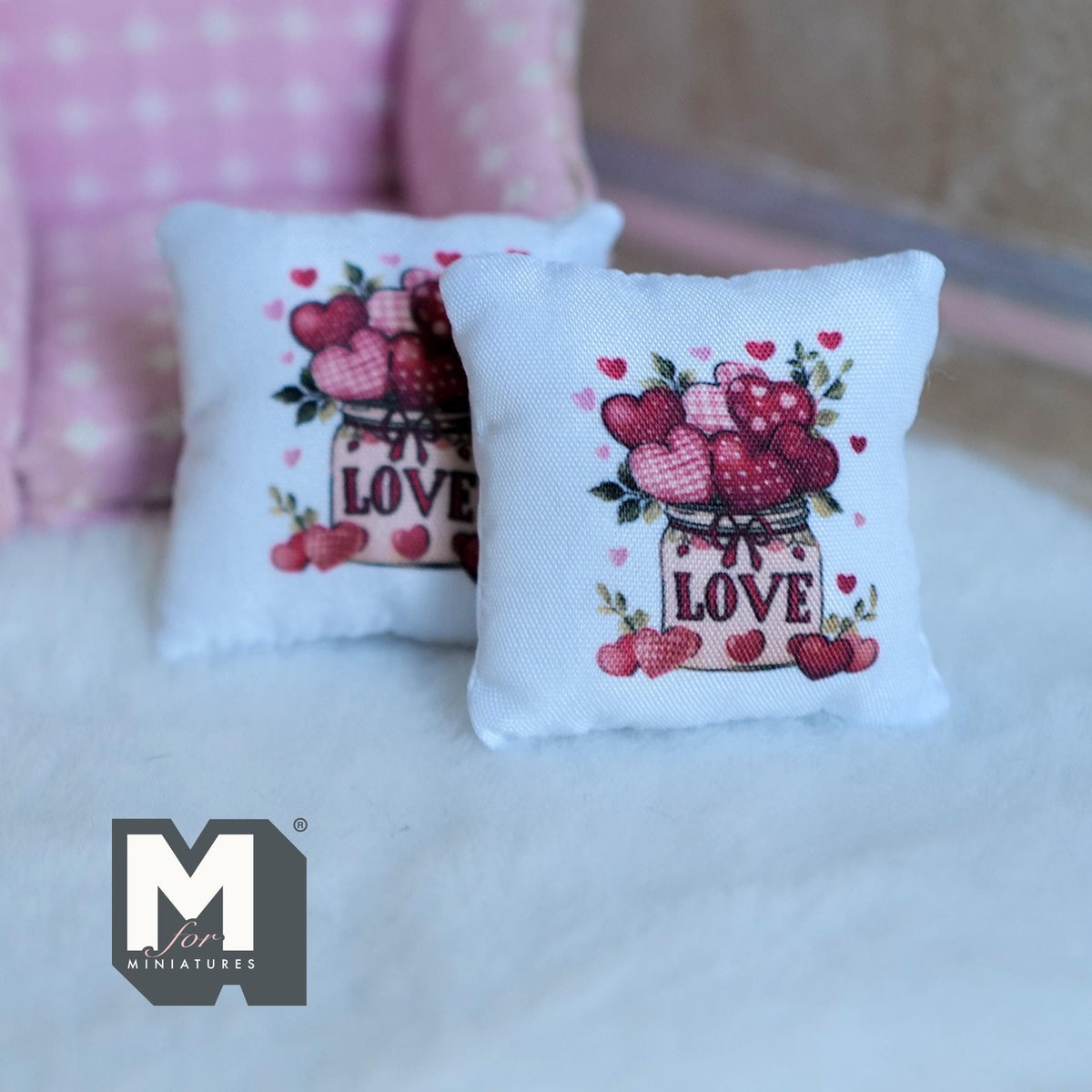 Miniature Love and Hearts Cushion Set of 2 , 1:12 Scale Dollhouse Decor 1-9/6 inch wide (style d) - K030