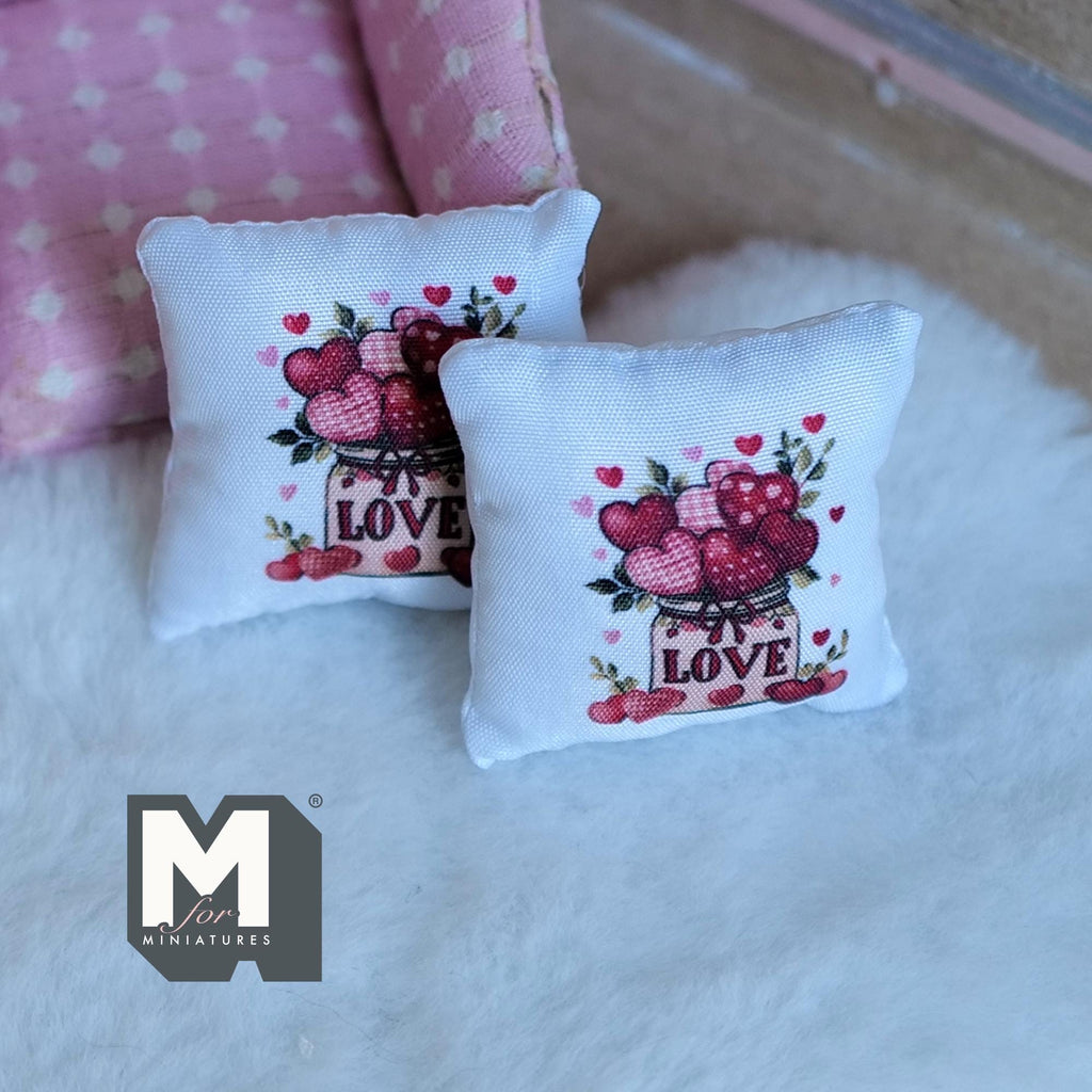 Miniature Love and Hearts Cushion Set of 2 , 1:12 Scale Dollhouse Decor 1-9/6 inch wide (style d) - K030