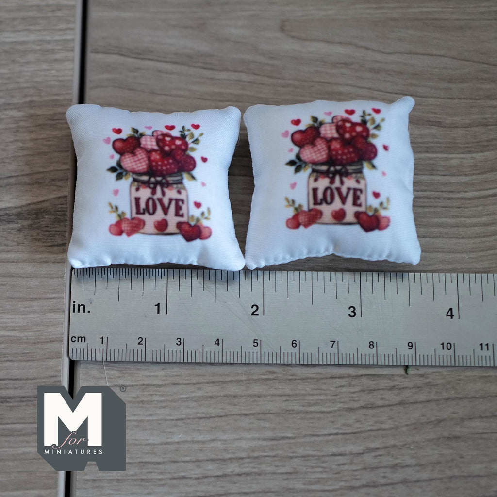 Miniature Love and Hearts Cushion Set of 2 , 1:12 Scale Dollhouse Decor 1-9/6 inch wide (style d) - K030