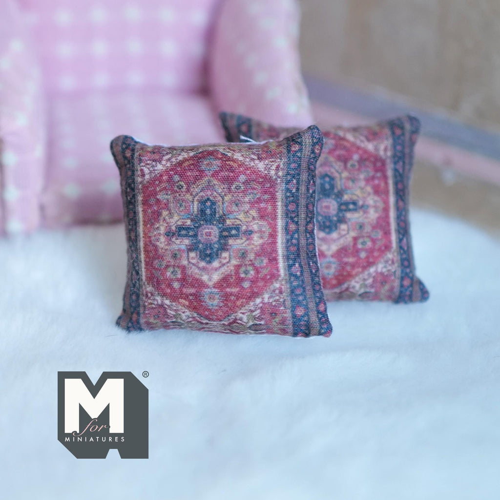 Miniature Cushion Set of 2 , 1:12 Scale Dollhouse Decor 1-9/6 inch wide (red) (style f) - K030