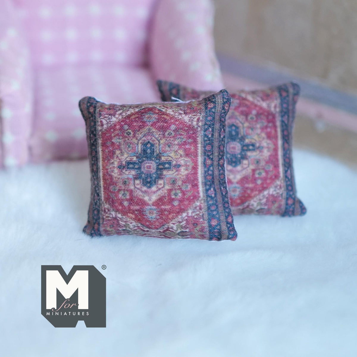 Miniature Cushion Set of 2 , 1:12 Scale Dollhouse Decor 1-9/6 inch wide (red) (style f) - K030