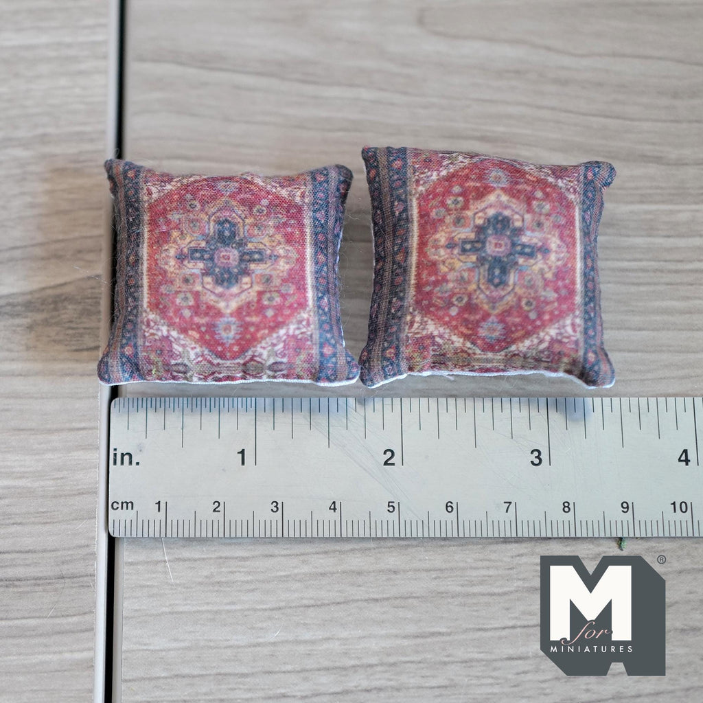 Miniature Cushion Set of 2 , 1:12 Scale Dollhouse Decor 1-9/6 inch wide (red) (style f) - K030