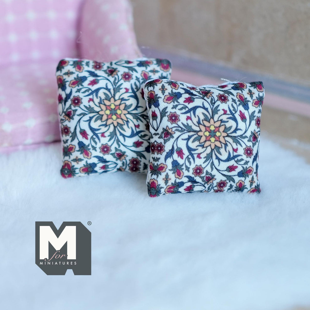 Miniature Flowers Themed Cushion Set of 2 , 1:12 Scale Dollhouse Decor 1-9/6 inch wide (style i) - K030