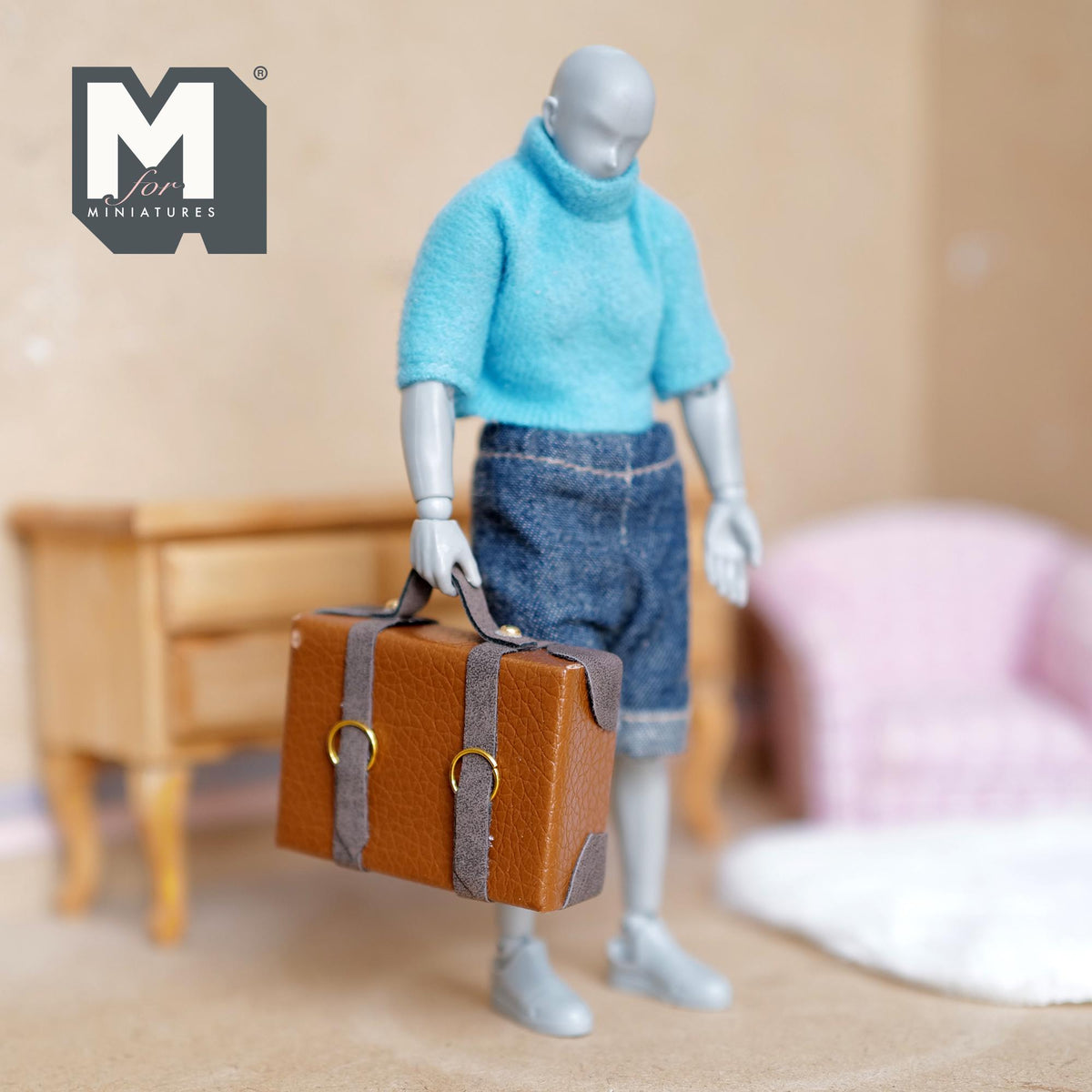 Miniature Briefcase 1:12 Scale Dollhouse Decor Suitcase Wrapped in Faux Leather 1-7/8 inch wide (light brown) (non opening) - C043