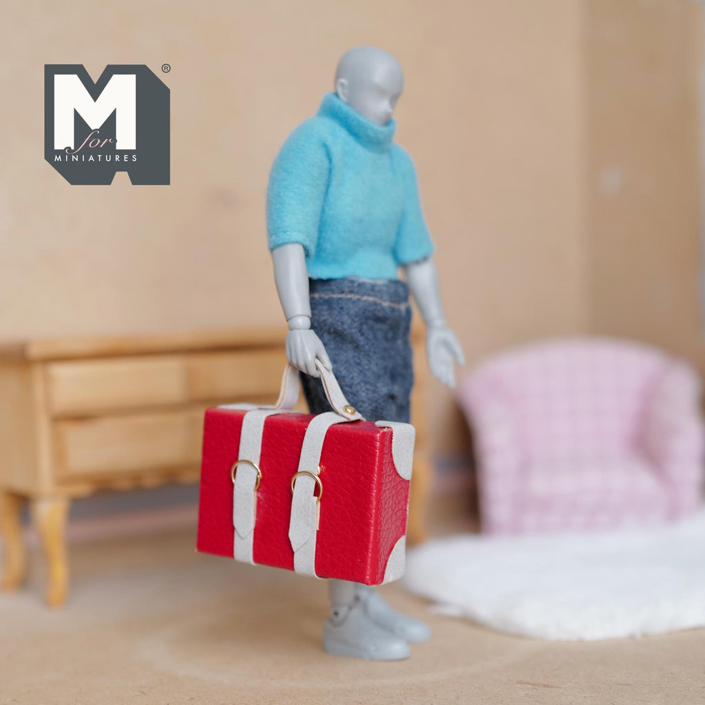 Miniature Briefcase 1:12 Scale Dollhouse Decor Suitcase Wrapped in Faux Leather 1-7/8 inch wide (red/gray) (non opening) - C043