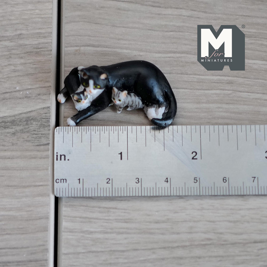 Miniature Tuxedo Cat and Kittens 1:12 Scale (cast resin) - C034