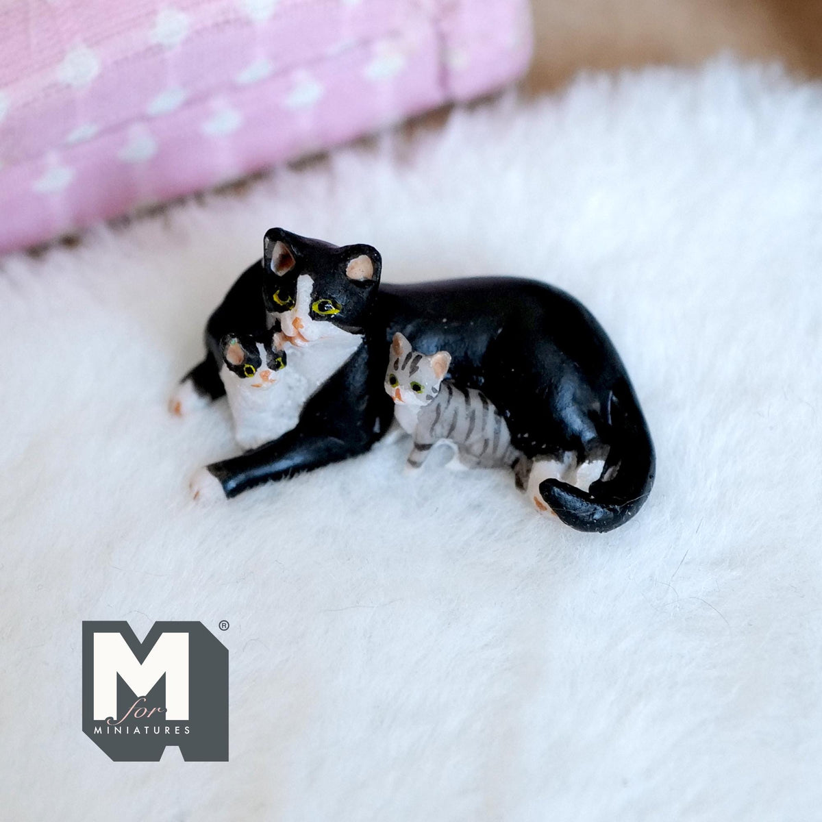 Miniature Tuxedo Cat and Kittens 1:12 Scale (cast resin) - C034