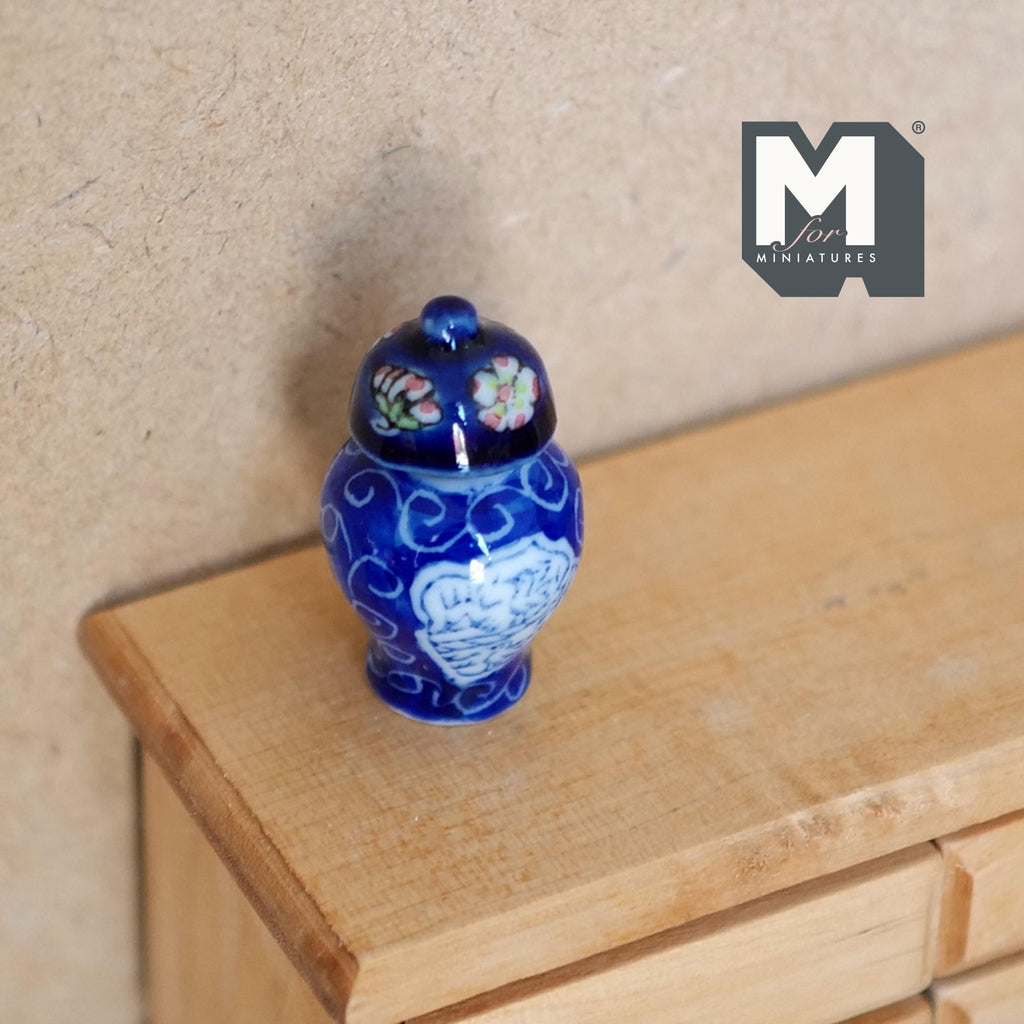 Miniature Ceramic Ginger Jar with Lid Container Urn 1:12 Scale Dollhouse Decoration Vessel 1-5/16 inch tall - B087