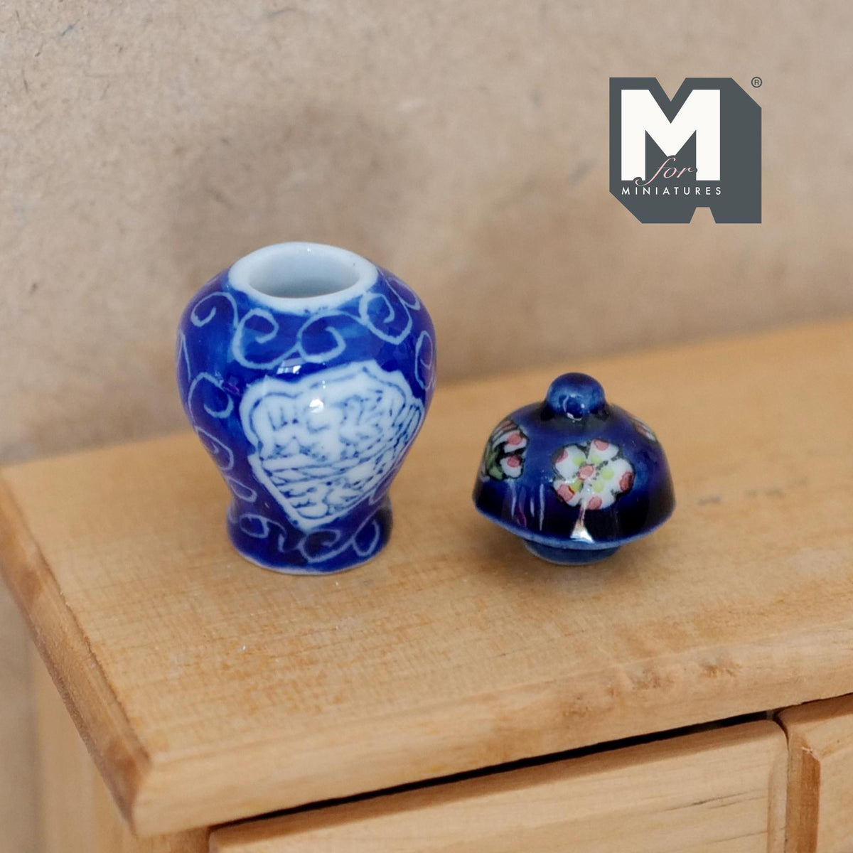 Miniature Ceramic Ginger Jar with Lid Container Urn 1:12 Scale Dollhouse Decoration Vessel 1-5/16 inch tall - B087