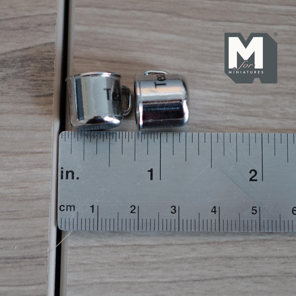 Miniature Metal Tea Mugs Set of 2 Dollhouse Kitchen Accessories Drinkware 1/2 inch tall - F066