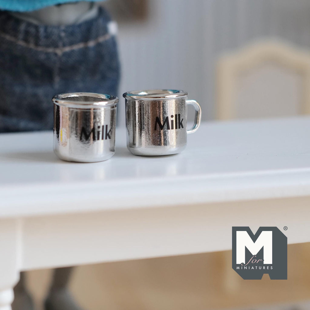 Miniature Metal Milk Mugs Set of 2 Dollhouse Kitchen Accessories Drinkware 1/2 inch tall - F066