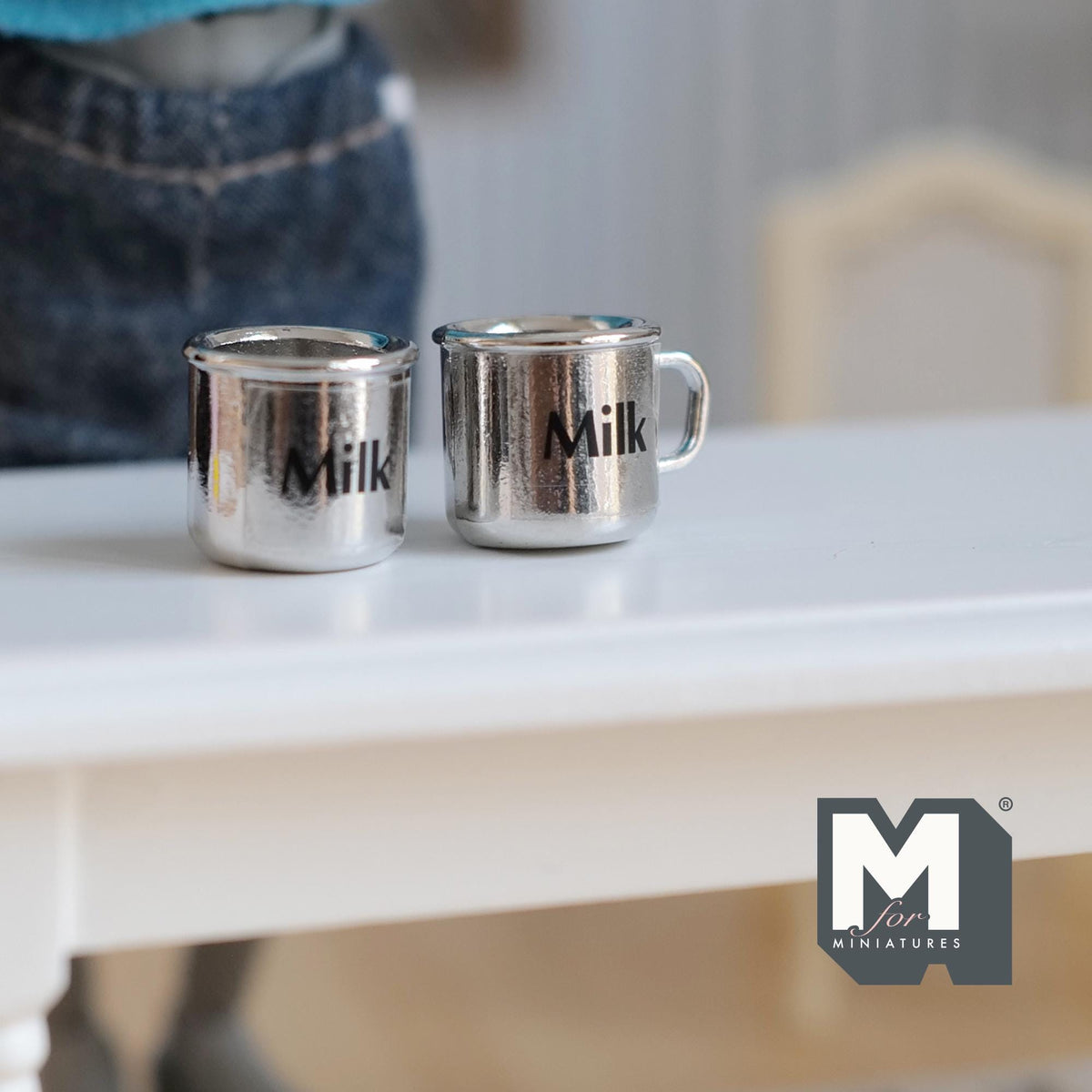 Miniature Metal Milk Mugs Set of 2 Dollhouse Kitchen Accessories Drinkware 1/2 inch tall - F066
