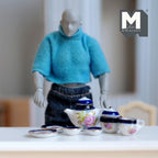 Dollhouse Ceramic Tea Pot Set 1:12 Scale Miniature Flower Themed Tea pot and Cups Set of 7 (dark blue) - A062