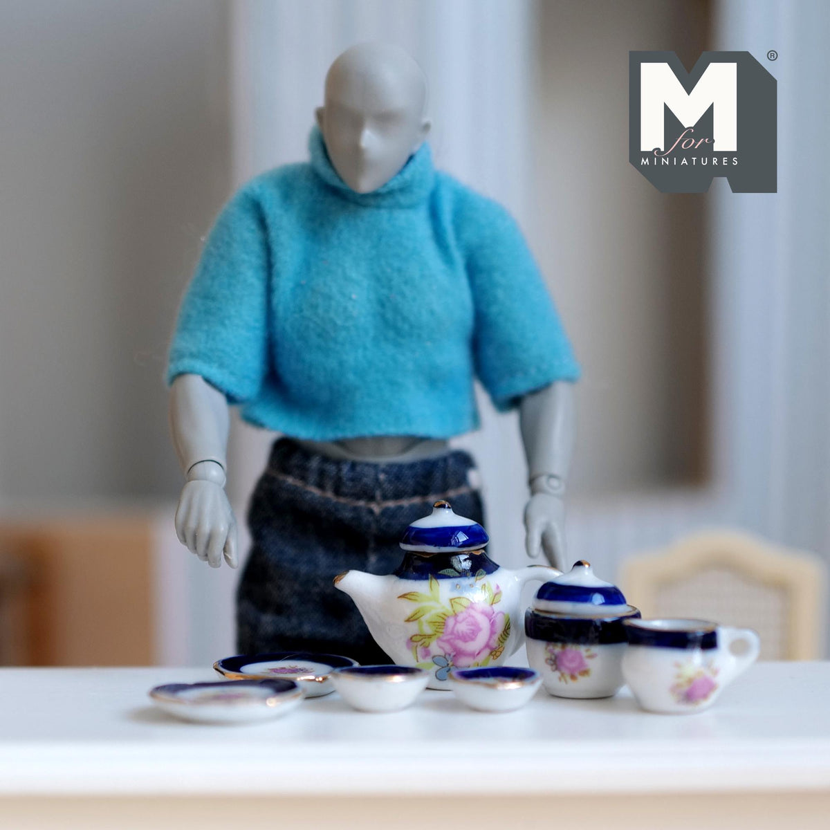 Dollhouse Ceramic Tea Pot Set 1:12 Scale Miniature Flower Themed Tea pot and Cups Set of 7 (dark blue) - A062