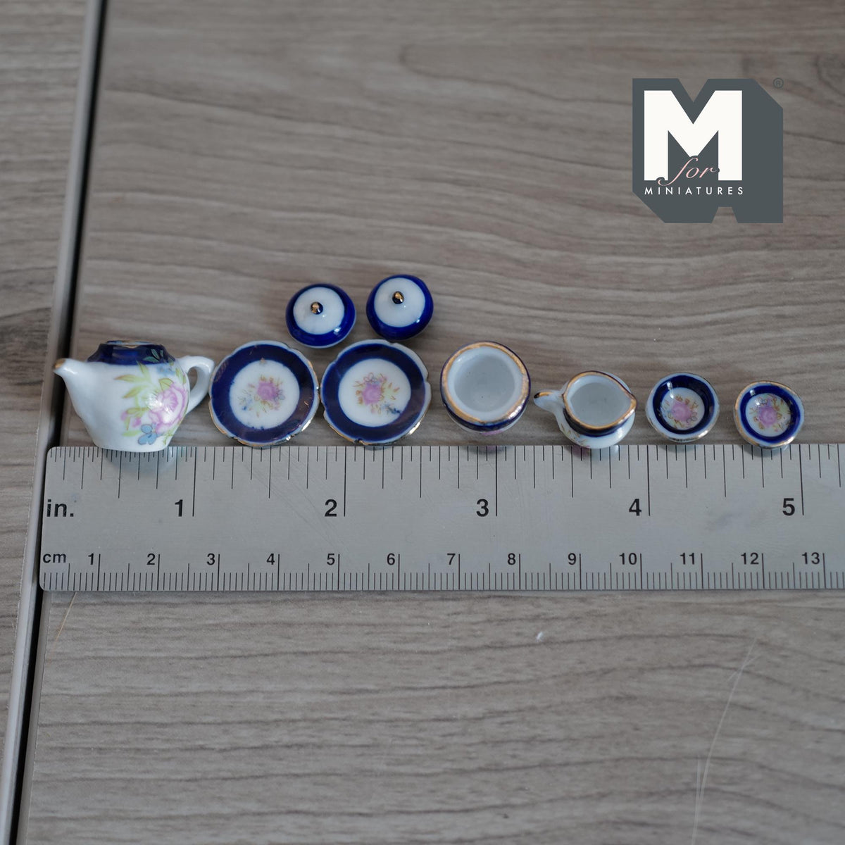 Dollhouse Ceramic Tea Pot Set 1:12 Scale Miniature Flower Themed Tea pot and Cups Set of 7 (dark blue) - A062