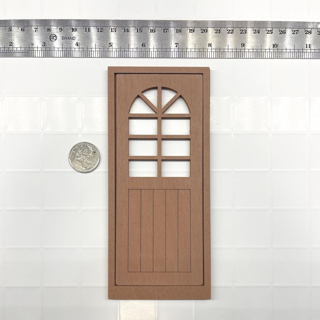 1:12 Scale Miniature Dollhouse Door with Arched Window and 2 Flat Frames, 6-7/8 inch high Dollhouse Supply (brown)