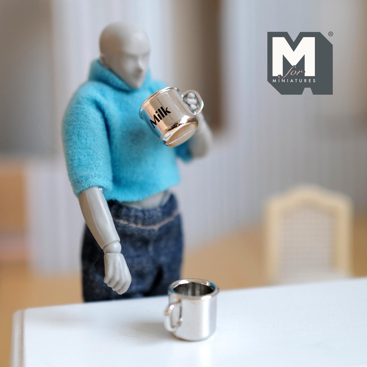 Miniature Metal Milk Mugs Set of 2 Dollhouse Kitchen Accessories Drinkware 1/2 inch tall - F066